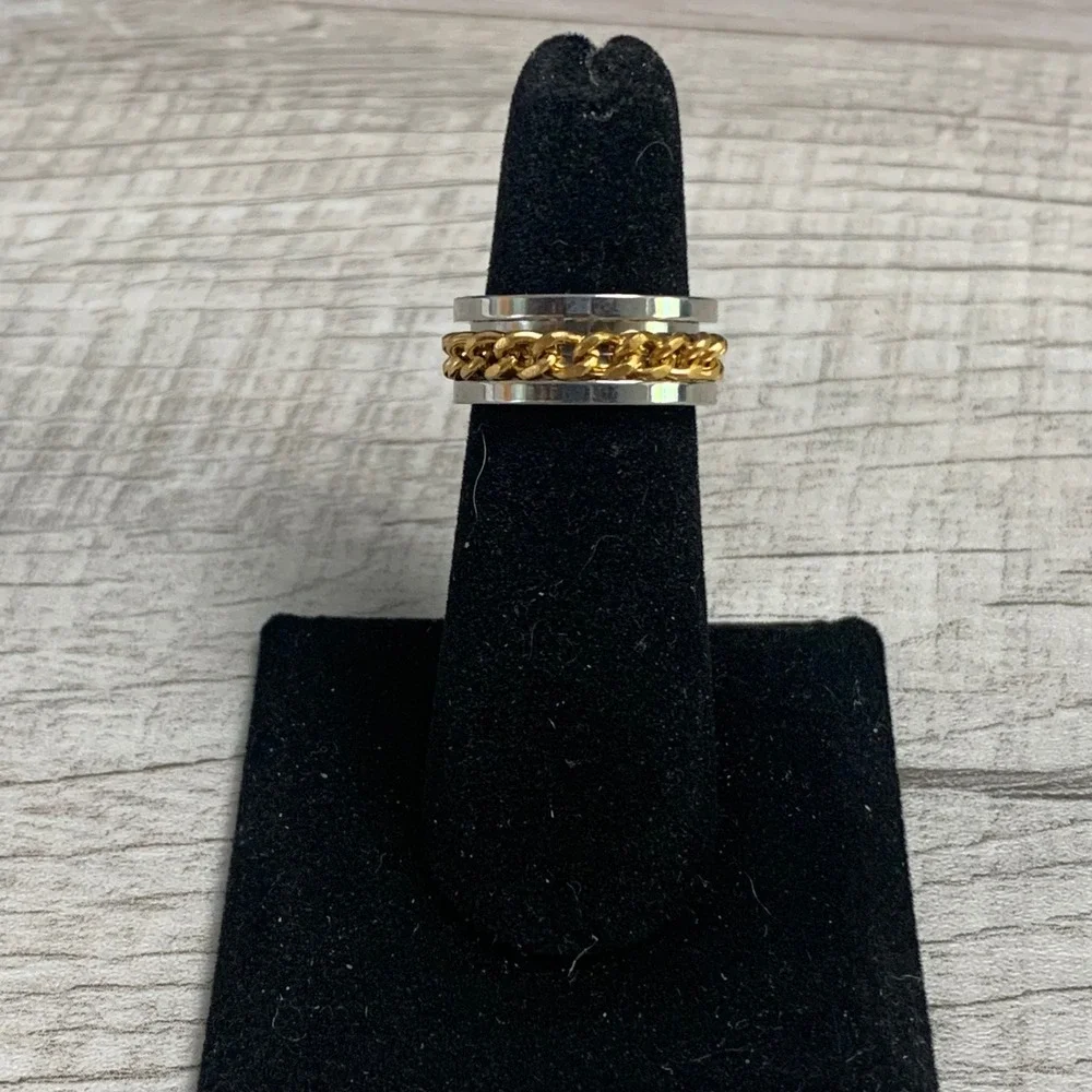 Two Tone Spinner Ring Gold Curb Chain Inlay Silver Band Fidget Ring Size 6